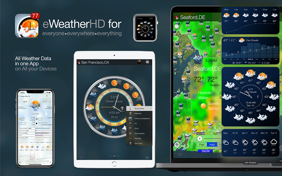 eWeather HD 3.18 for iPhone, iPad, MacOS and    MacOS - Get accurate weather 10-day forecast - future rain radar, weather alerts, wind, rain, snow, temperature of air, humidity, dew-point, uv-index, geomagnetic activity and more