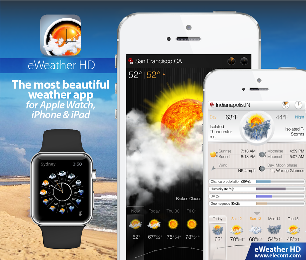 eWeather HD 3.5 for Apple Watch- Severe weather alerts PUSH notifications, weather forecast, wind, rain, snow, temperature of air, humidity, dew-point, uv-index, geomagnetic activity and more