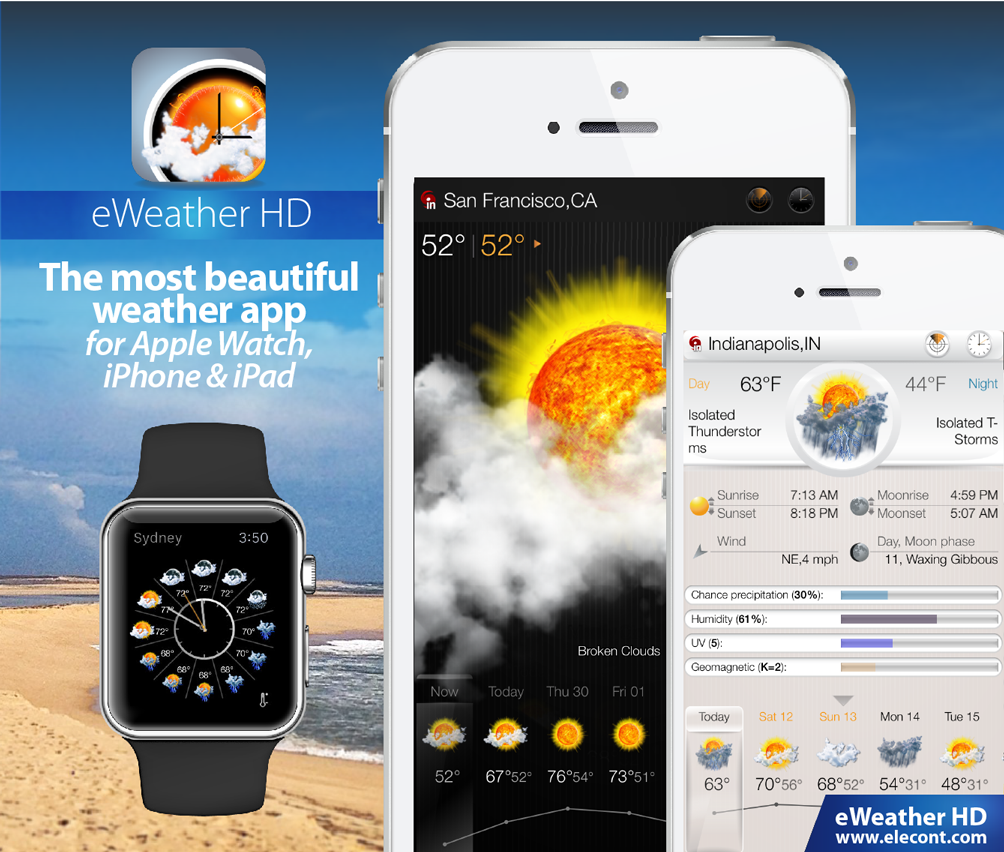 eWeather HD 3.5 for  Apple Watch- Severe weather alerts PUSH notifications, weather forecast, wind, rain, snow, temperature of air, humidity, dew-point, uv-index, geomagnetic activity and more