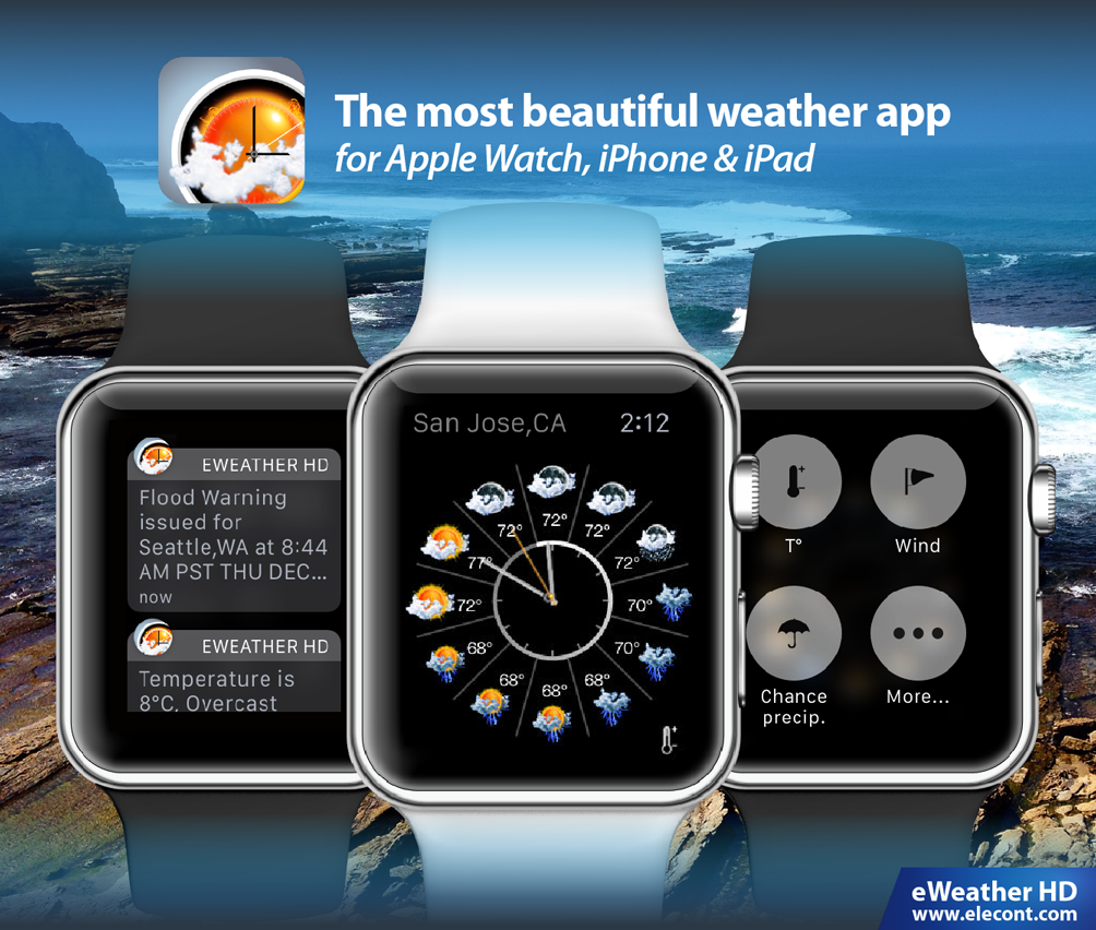eWeather HD 3.5 for  Apple Watch- Severe weather alerts PUSH notifications, weather forecast, wind, rain, snow, temperature of air, humidity, dew-point, uv-index, geomagnetic activity and more