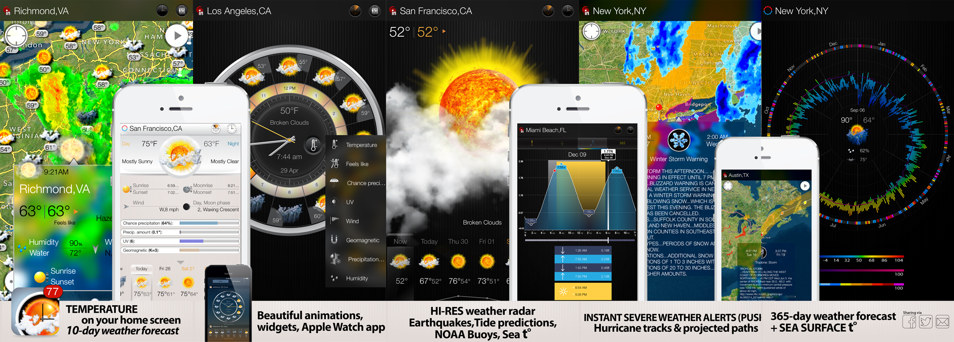 eWeather HD 3.5 for iPhone, iPad and Weather app for Apple Watch- the most informative weather app for Apple Watch, iPhone, iPad, PUSH alerts, radar, storm-tracker, earthquake, NOAA buoys app and weather widgets for iOS 9, WatchOS 2, 10-day weather forecast, accurate hour-by-hour with weather clock widget, NWS weather alerts for USA and Meteoalarm alerts for Europe, hi-def rain/snow radar, animated satellite cloud cover, PUSH weather alerts, sea beach water temperatures, NOAA buoys and earthquakes, interactive weather maps, long-range weather forecasts, tide predictions, high and low tide times - Elecont LLC