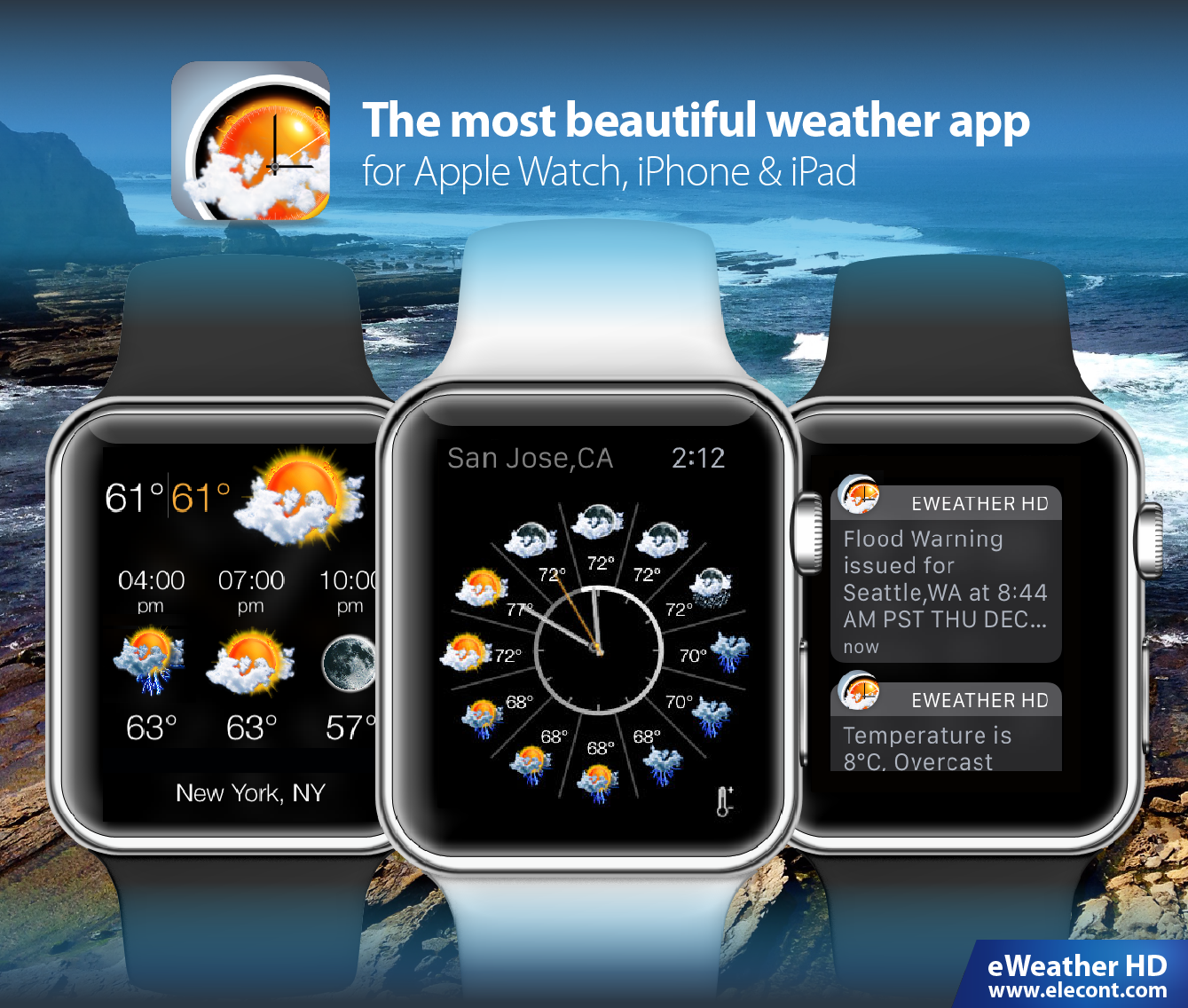 eWeather HD 3.6 for  Apple Watch- Severe weather alerts PUSH notifications, weather forecast, wind, rain, snow, temperature of air, humidity, dew-point, uv-index, geomagnetic activity and more