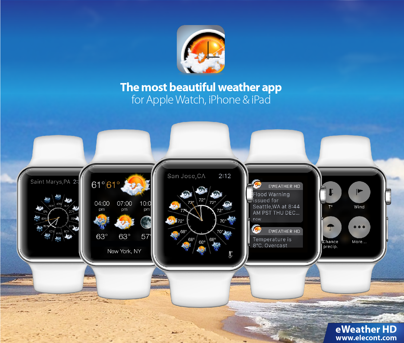 eWeather HD 3.6 for Apple Watch- Get accurate weather forecast on Apple Watch - wind, rain, snow, temperature of air, humidity, dew-point, uv-index, geomagnetic activity and more
