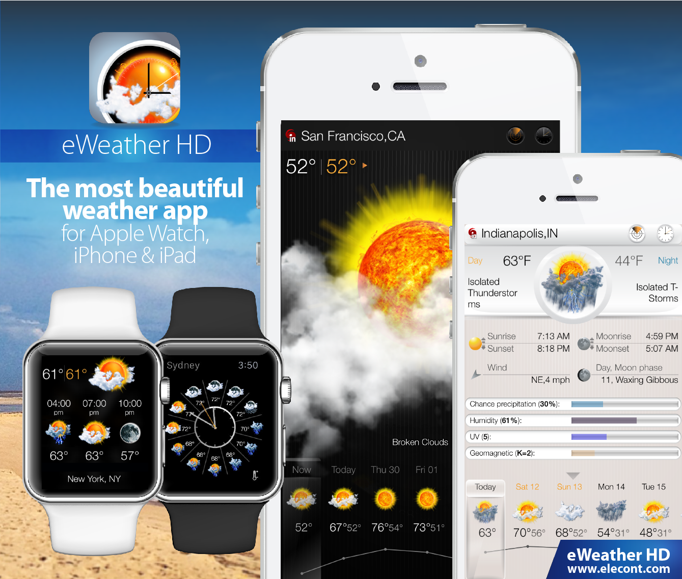 eWeather HD 3.6 for Apple Watch- Severe weather alerts PUSH notifications, weather forecast, wind, rain, snow, temperature of air, humidity, dew-point, uv-index, geomagnetic activity and more