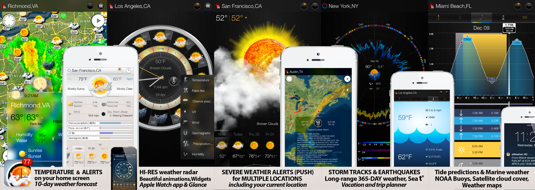 eWeather HD 3.6 for iPhone, iPad and Weather app for Apple Watch- the most informative weather app for Apple Watch, iPhone, iPad, PUSH alerts, radar, storm-tracker, earthquake, NOAA buoys app and weather widgets for iOS 9, WatchOS 2, 10-day weather forecast, accurate hour-by-hour with weather clock widget, NWS weather alerts for USA and Meteoalarm alerts for Europe, hi-def rain/snow radar, animated satellite cloud cover, PUSH weather alerts, sea beach water temperatures, NOAA buoys and earthquakes, interactive weather maps, long-range weather forecasts, tide predictions, high and low tide times - Elecont LLC