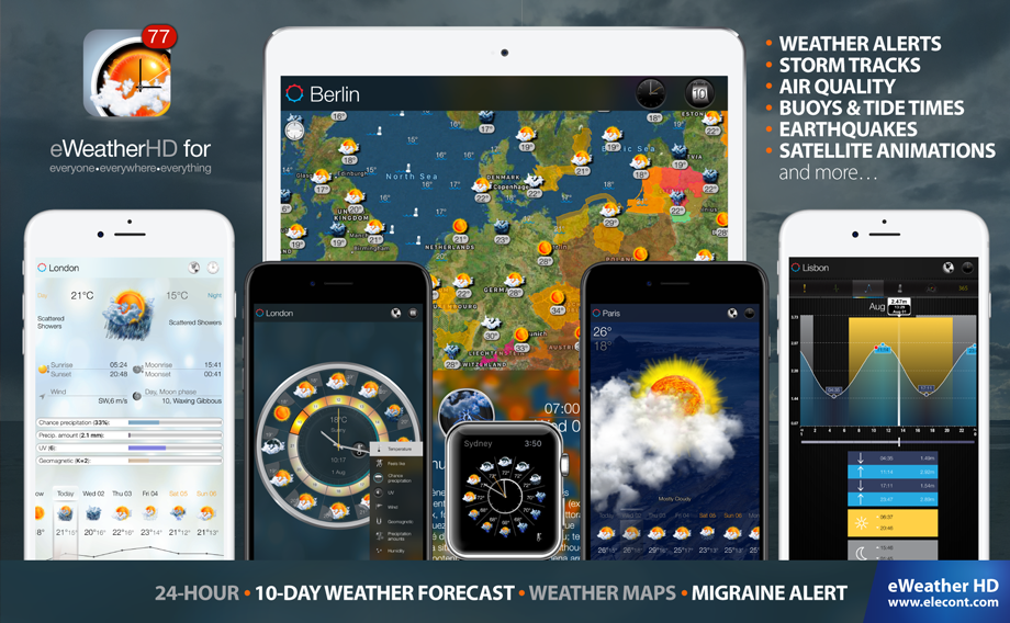 eWeather HD 3.7 for  Apple Watch- Severe weather alerts PUSH notifications, weather forecast, wind, rain, snow, temperature of air, humidity, dew-point, uv-index, geomagnetic activity and more