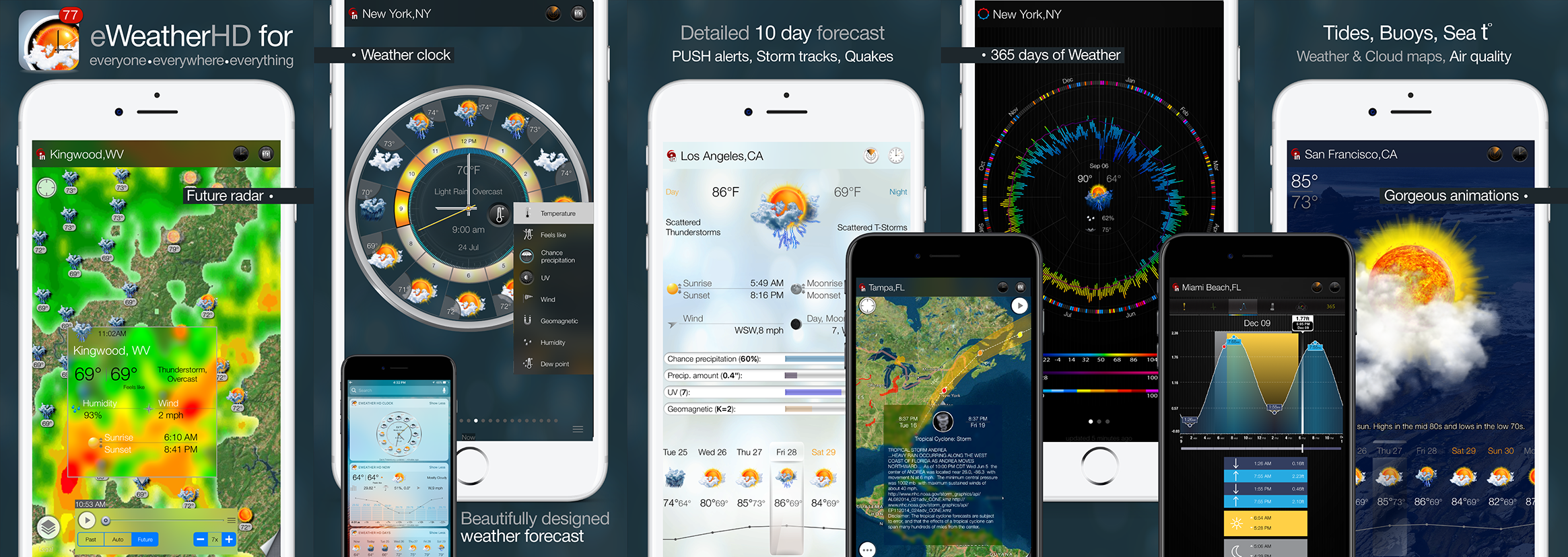 eWeather HD 3.7 for iPhone, iPad and Weather app for Apple Watch- the most informative weather app for Apple Watch, iPhone, iPad, PUSH alerts, radar, storm-tracker, earthquake, NOAA buoys app and weather widgets for iOS 11, ios 10, WatchOS 4, 10-day weather forecast, accurate hour-by-hour with weather clock widget, NWS weather alerts for USA and Meteoalarm alerts for Europe, hi-def rain/snow radar, animated satellite cloud cover, PUSH weather alerts, sea beach water temperatures, NOAA buoys and earthquakes, interactive weather maps, long-range weather forecasts, tide predictions, high and low tide times - Elecont LLC