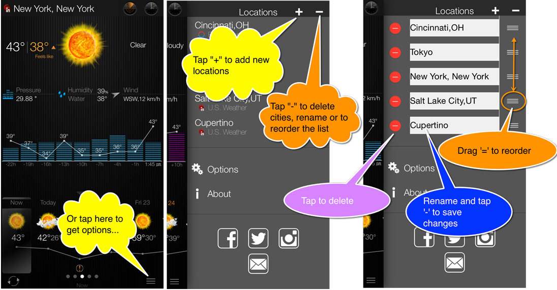 eWeather hd weather app iphone,ipad,ipod hi-def radar, satellite, weather alerts, earthquakes, beach water, sea surface - delete-reorder