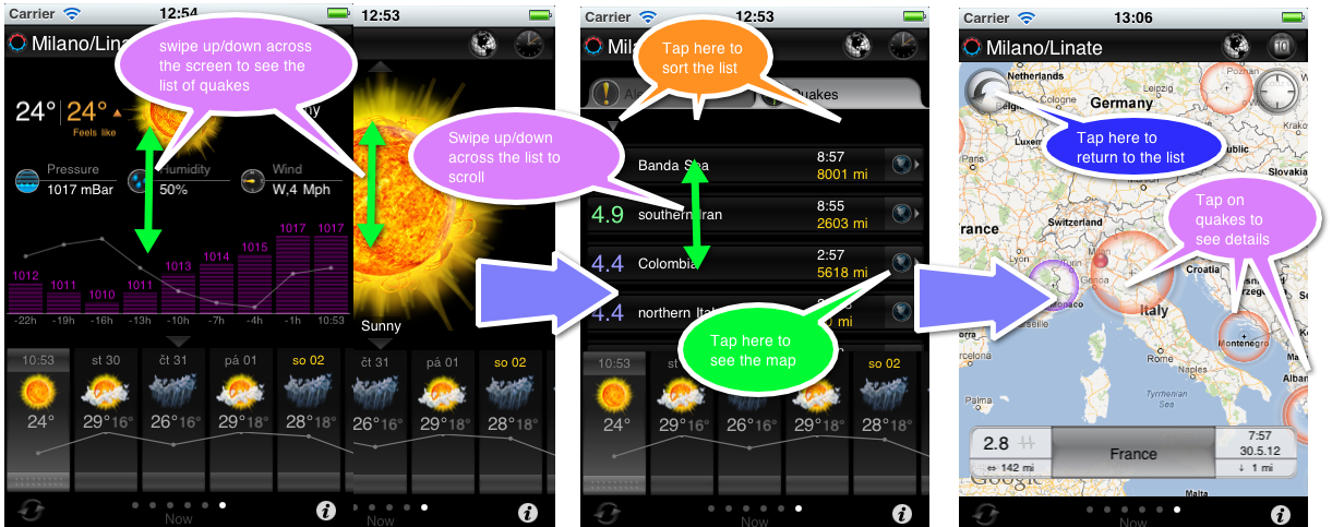 eWeather hd weather app iphone,ipad,ipod hi-def radar, satellite, weather alerts, earthquakes, beach water, sea surface - earthquakes