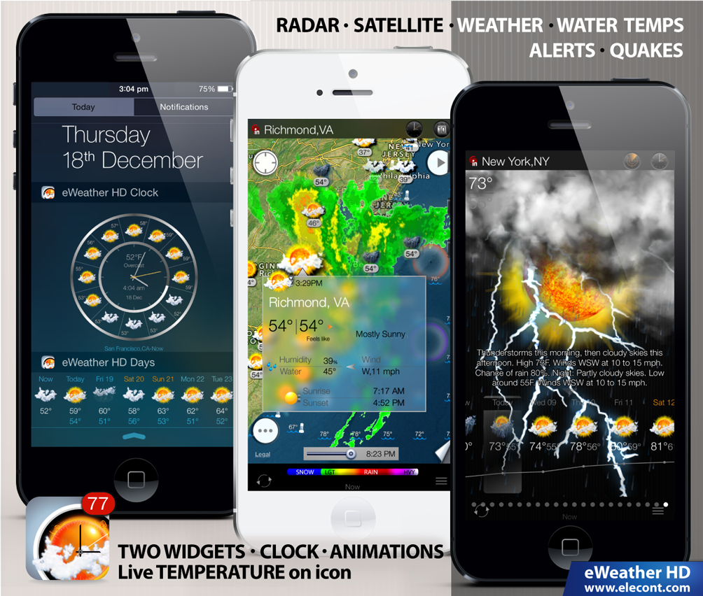 Weather HD - accurate local weather reports and weather forecasts for 10 days on your iPhone and iPad, beautiful weather app and widgets, NOAA weather, rain/snow radar, satellite cloud cover for North America, Europe, Japan and Australia, PUSH NWS weather alerts, NOAA buoys and sea surface temperatures, USGS/ESMC earthquakes, Weather notifications in Notification Center, Live temperature on icon