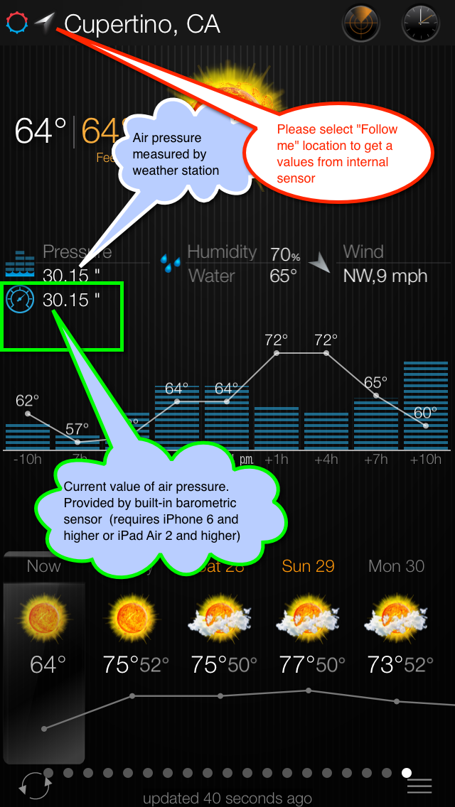 Realtime air pressure provided by internal barometric sensor iPhone and iPad weather app