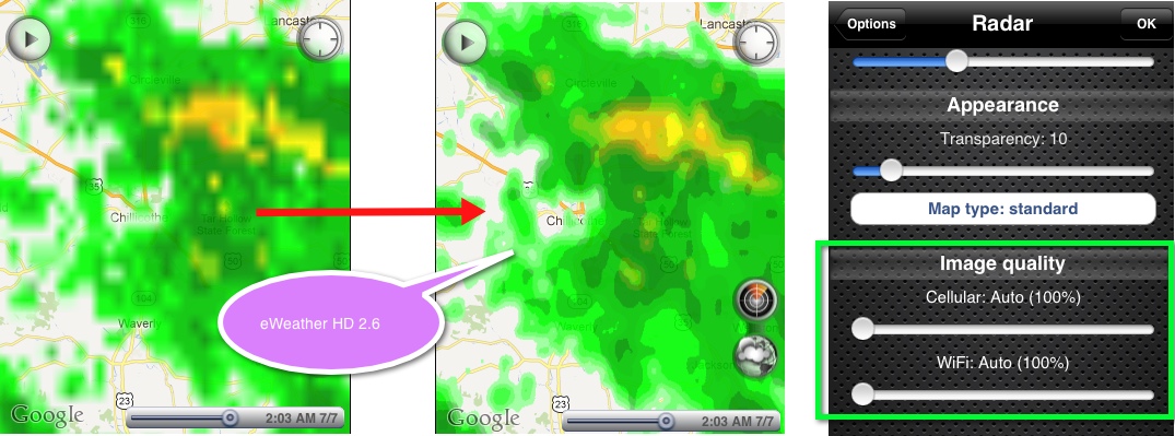 eWeather hd weather app iphone,ipad,ipod hi-def radar, satellite, weather alerts, earthquakes, beach water, sea surface - hi-def radar image quality
