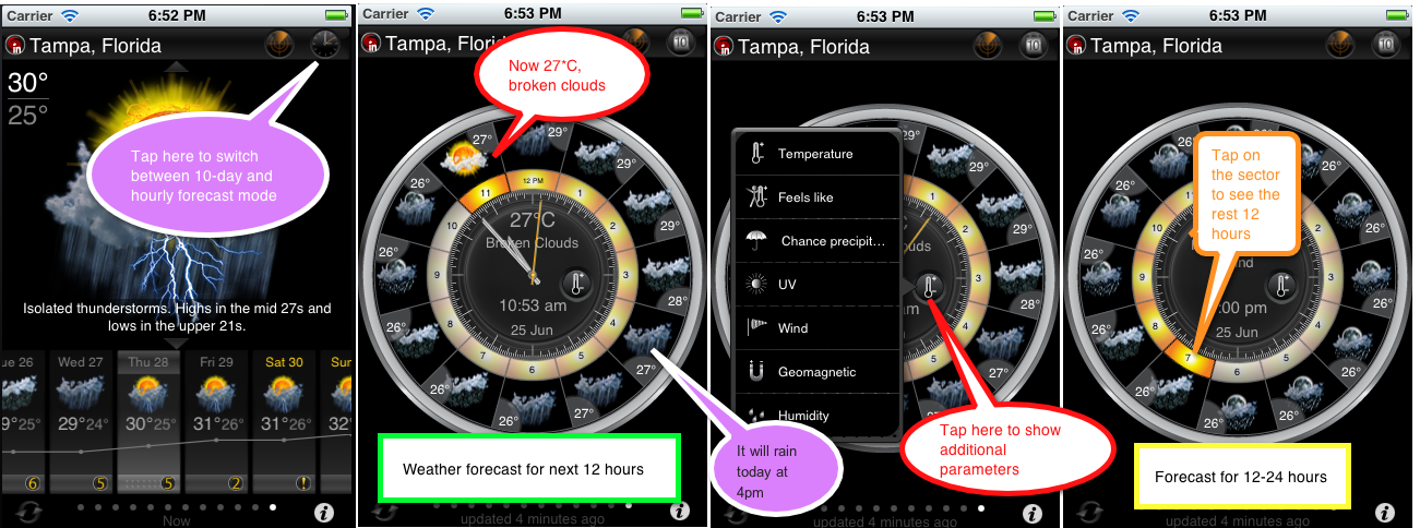 eWeather hd weather app iphone,ipad,ipod hi-def radar, satellite, weather alerts, earthquakes, beach water, sea surface - clock-mode-menu