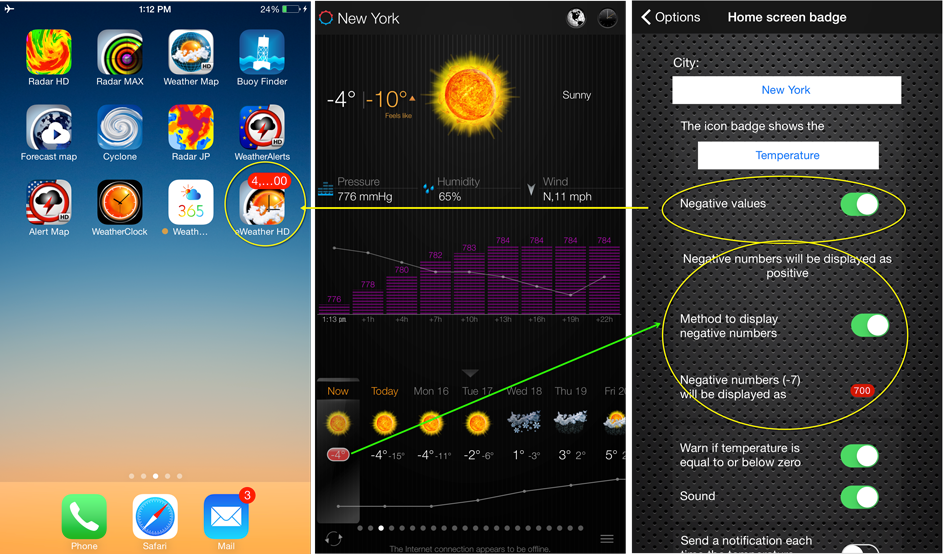eWeather HD is only one app that provides near-realtime updates and negative temperatures on home screen badge. eWeather hd weather app iphone,ipad,ipod hi-def radar, satellite, weather alerts, earthquakes, beach water, sea surface - Icon badge (Temperature on your iPhone and iPad home screen). Supports negative numbers.