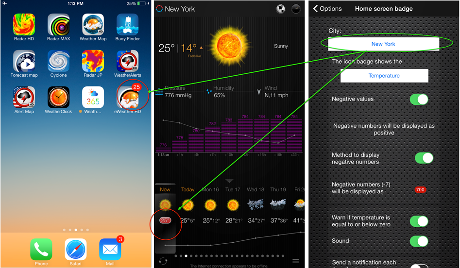 Current temperature on home screen badge iPhone, iPad and iPod touch.eWeather hd weather app iphone,ipad,ipod hi-def radar, satellite, weather alerts, earthquakes, beach water, sea surface - Icon badge (Temperature on your iPhone and iPad home screen). Supports negative numbers.