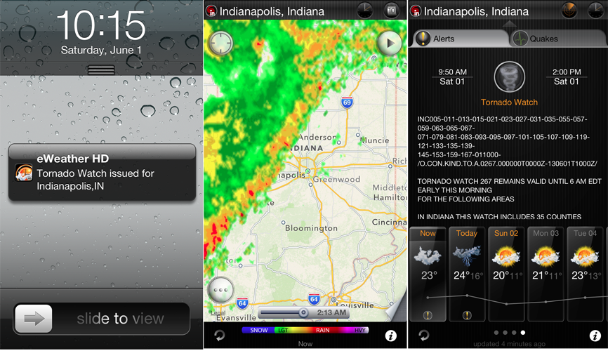 eWeather hd weather forecast iphone ipad ipod radar alerts. Receive weather alerts using PUSH in Notification center iPhone and iPad. Get hurricane,tornado, thunderstorm and other weather alerts.