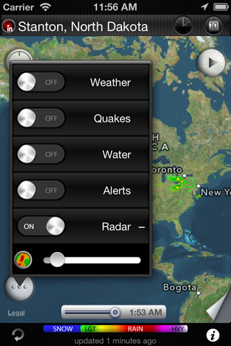 eWeather hd weather app iphone,ipad,ipod hi-def radar, satellite, weather alerts, earthquakes, beach water, sea surface - Transparency settings for weather radar layer