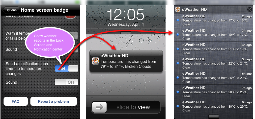 eWeather hd weather Show/Hide weather reports in Notification Center and lock screen iPhone/iPad