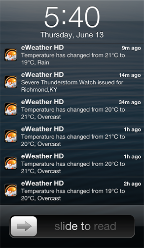 eWeather hd weather push weather alerts for iphone ipad ipod radar alerts earthquakes - Weather and weather alerts on iPhone and iPad lock screen